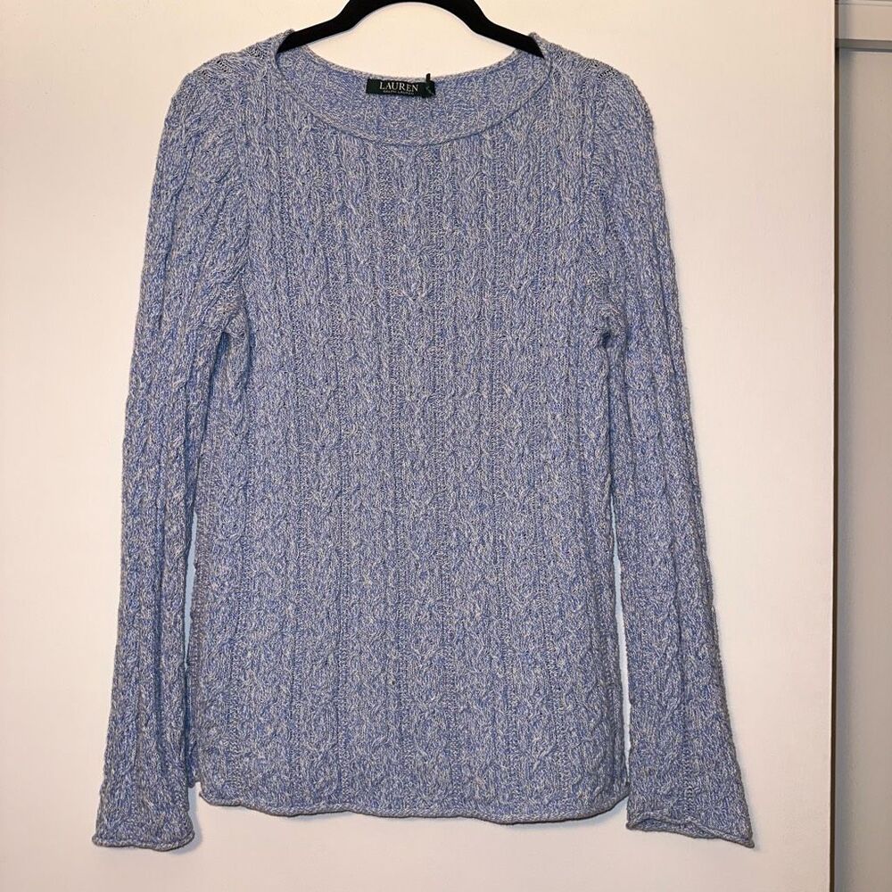Ralph Lauren Women’s Medium Dreamy Blue White Cable Knit Long Sleeve Sweater EUC